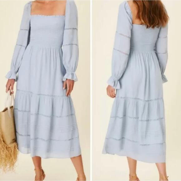 REFORMATION Jessy Dress Smocked Midi Dress Mineral Blue Women's Size 0 Boho Chic - Picture 9 of 9